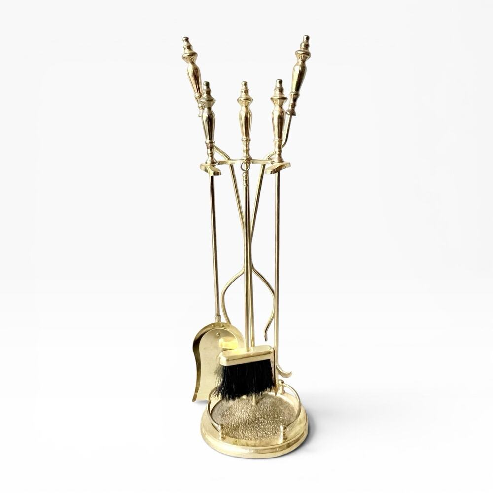 Vintage Solid Polished Brass 5-Piece Fireplace Tool Companion Set 31”